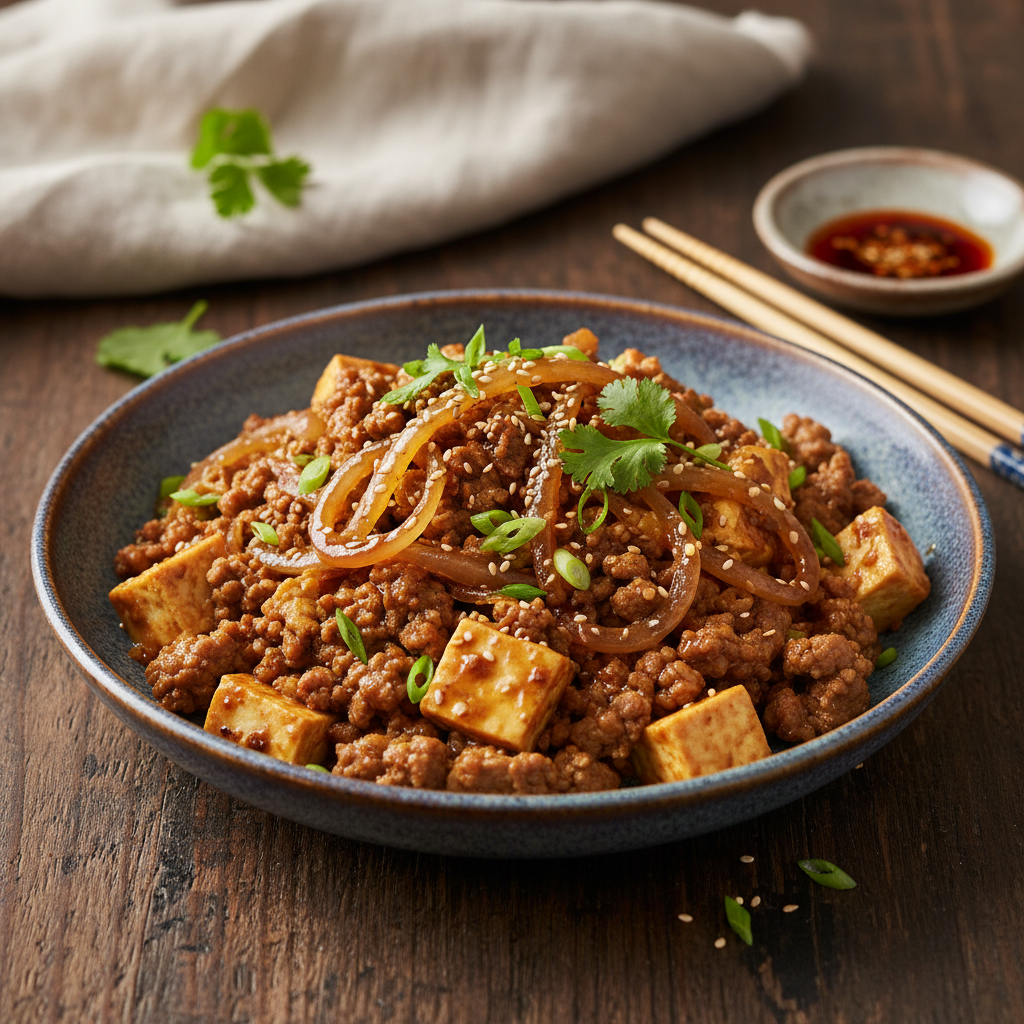 Beef and Tofu Scramble with Caramelized Onions