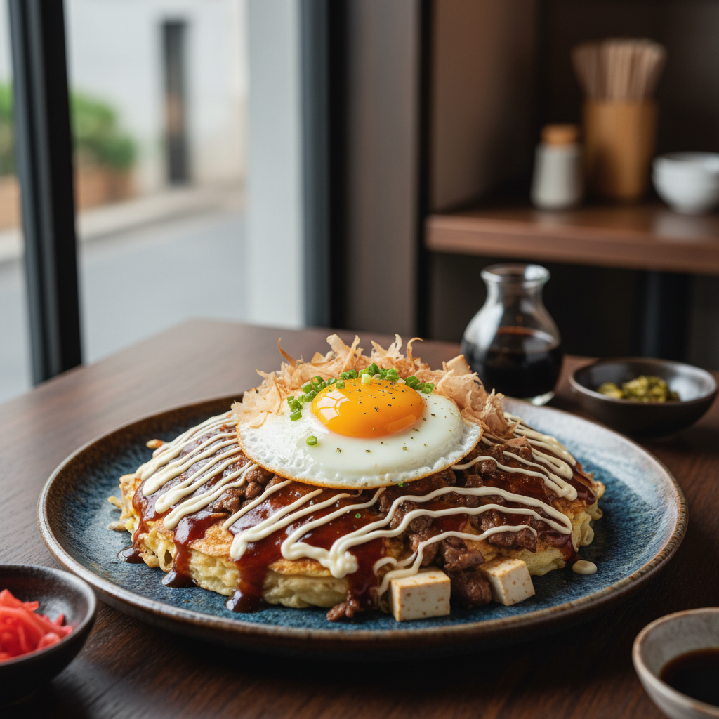 Okonomiyaki with Beef, Tofu, and a Fried Egg