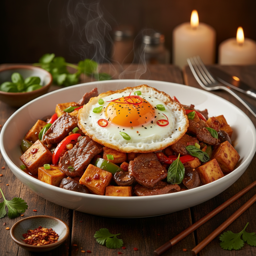 Spicy Beef and Tofu Stir-Fry with Crispy Fried Egg