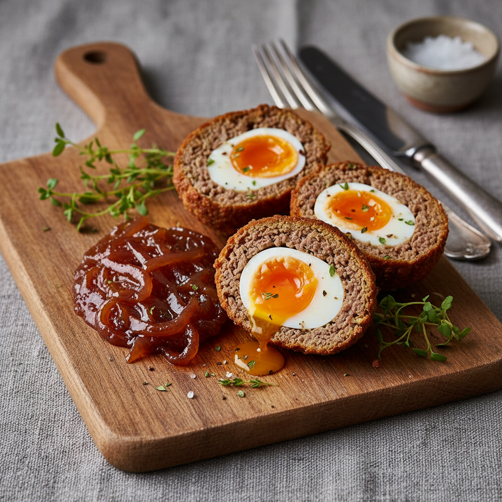 Beef and Tofu Scotch Eggs with Onion Marmalade