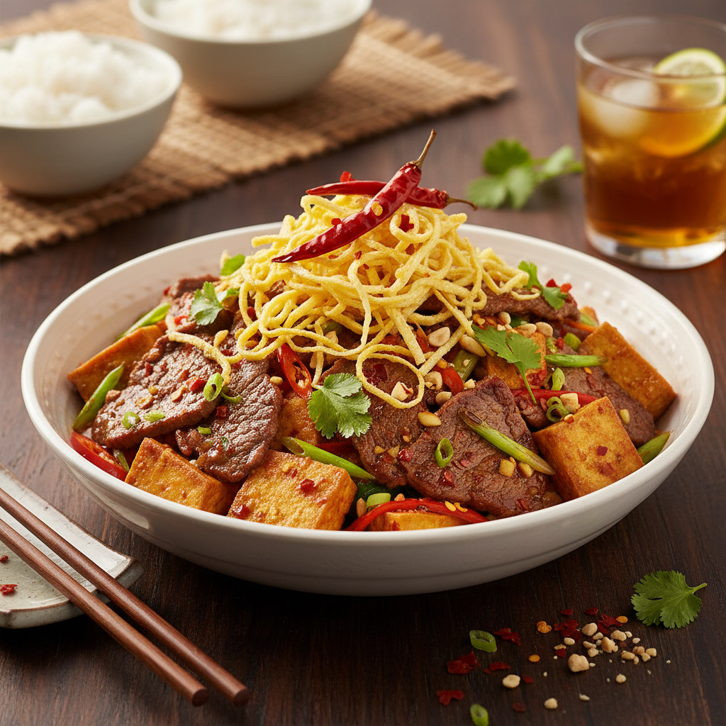 Spicy Beef and Tofu Stir-Fry with Crispy Egg Ribbons