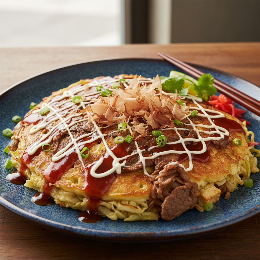 Beef and Tofu Okonomiyaki with Sweet and Tangy Sauce