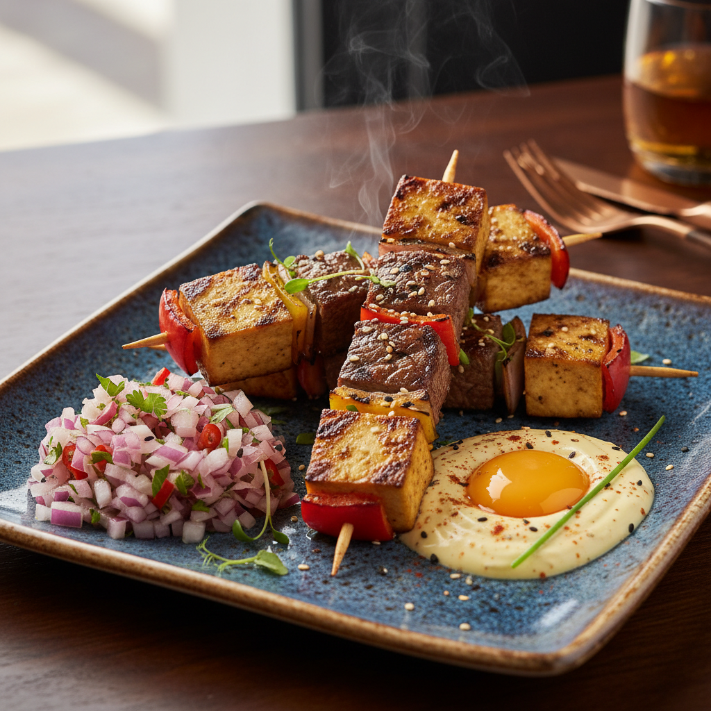 Beef and Tofu Skewers with Onion Relish and Egg Yolk Aioli