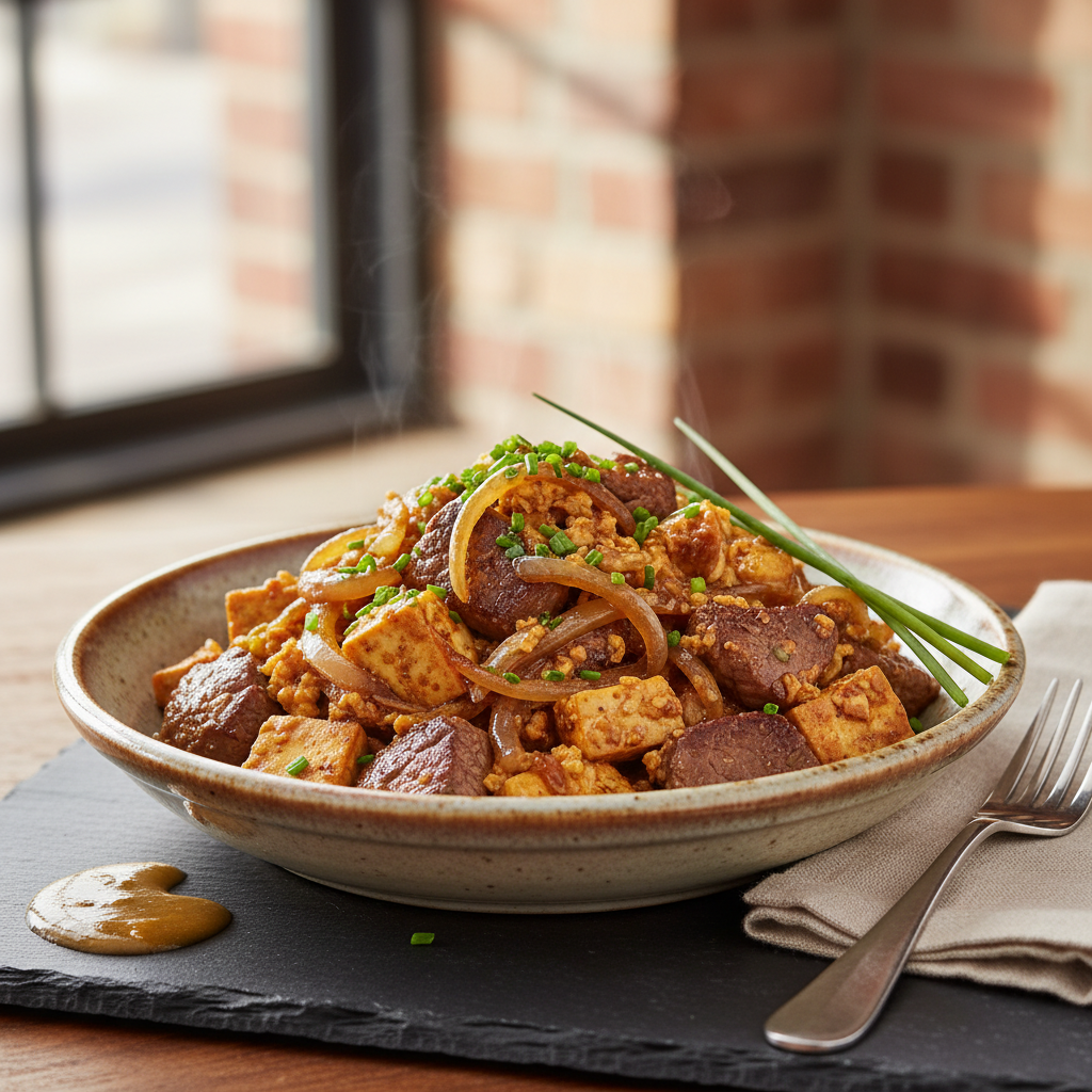 Beef and Tofu Scramble with Caramelized Onions and Chives