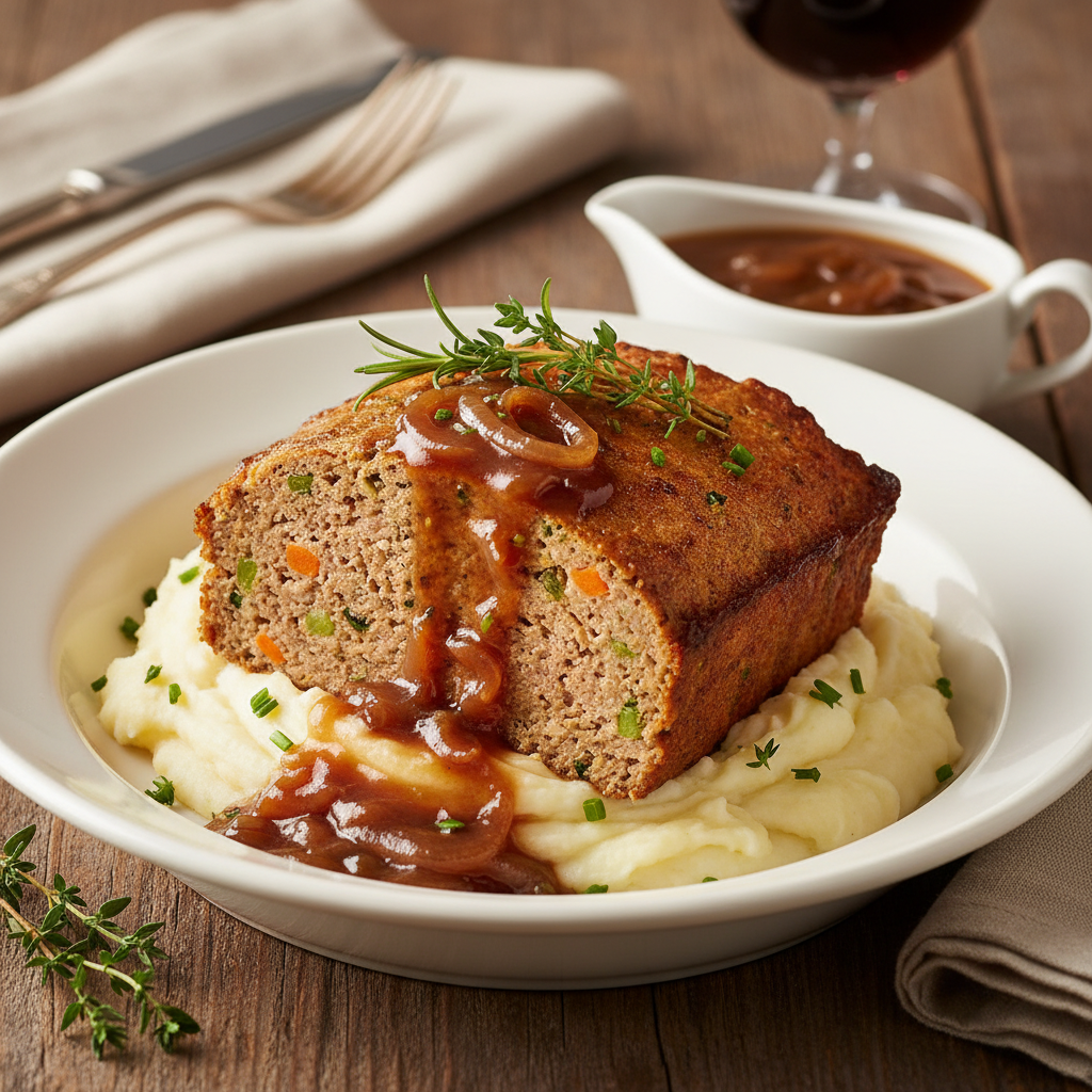 Beef and Tofu Meatloaf with Onion Gravy