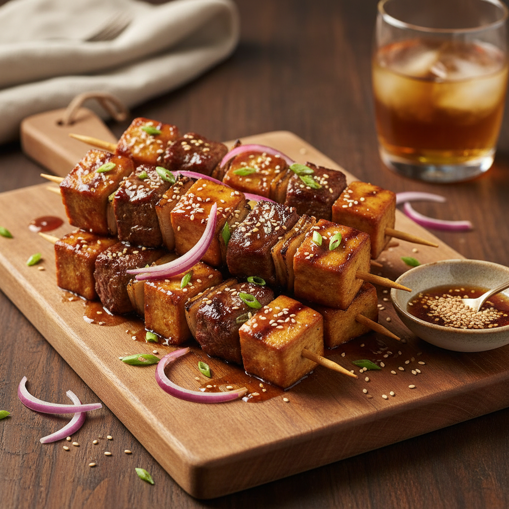Beef and Tofu Skewers with Sweet Onion Glaze