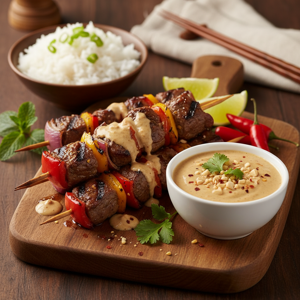 Sweet and Tangy Beef Skewers with Tofu Peanut Sauce
