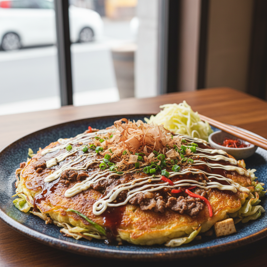 Beef and Tofu Okonomiyaki Japanese Savory Pancake