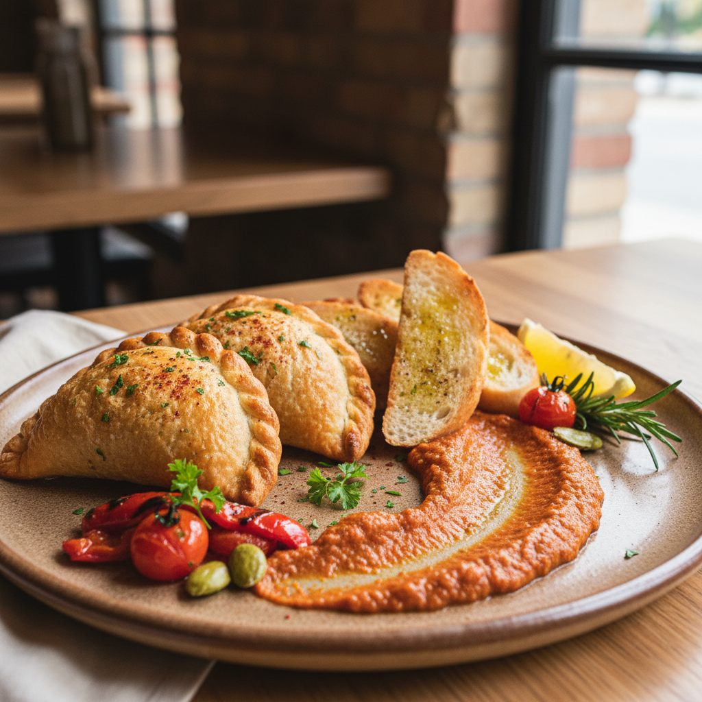 Spanish Beef and Tofu Empanadas with Romesco Sauce