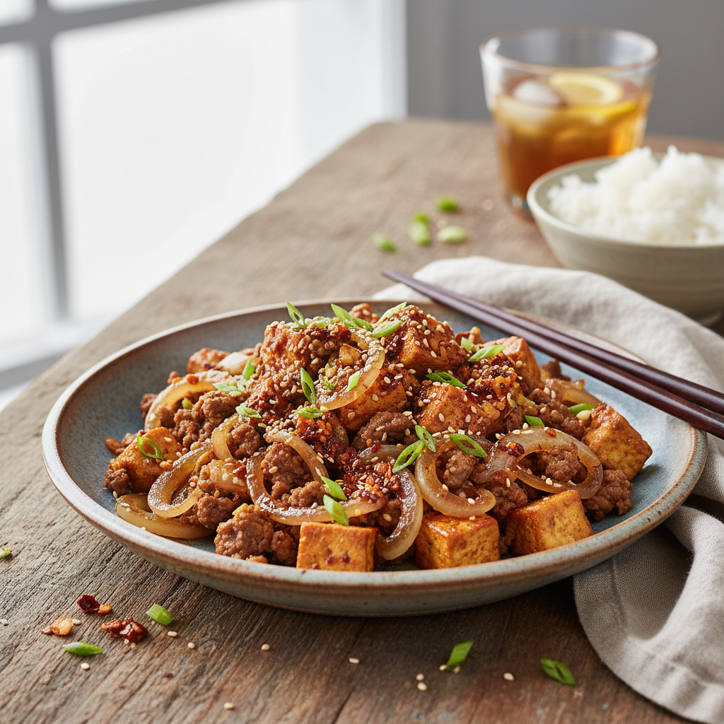Beef and Tofu Scramble with Caramelized Onions and Chili Garlic Oil