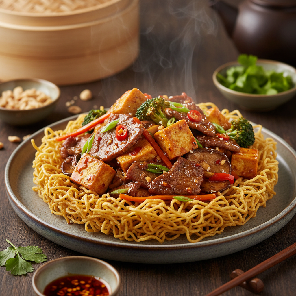 Spicy Beef and Tofu Stir-fry with Crispy Egg Noodles