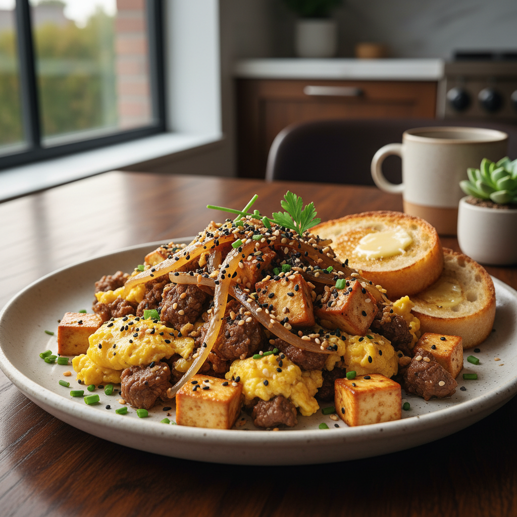 Beef and Tofu Scramble with Caramelized Onions and Everything Bagel Seasoning