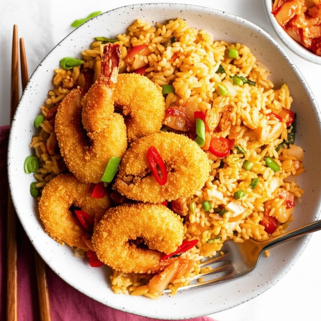 Korean Kimchi Panko Shrimp Fried Rice Bowls
