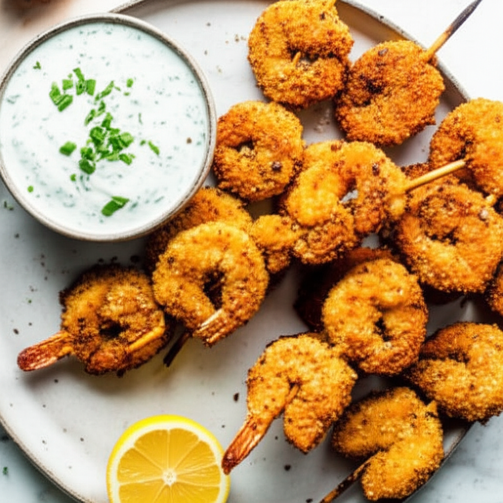 Mediterranean Panko Shrimp Skewers with Zesty Lemon-Herb Yogurt Dip