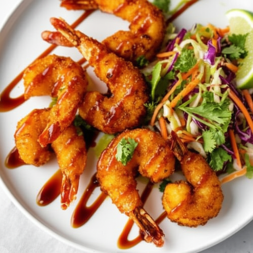 Crispy Panko Shrimp with Zesty Ginger-Lime Slaw and Umami Glaze