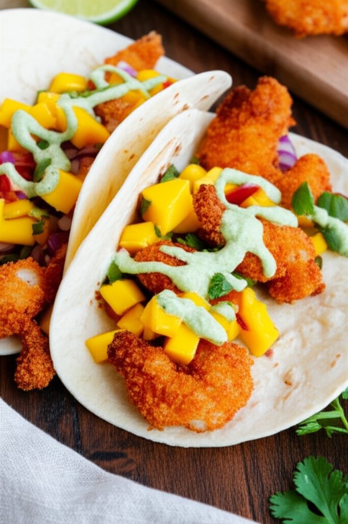 Fiery Panko Shrimp Tacos with Sweet Mango Salsa and Cooling Avocado Crema