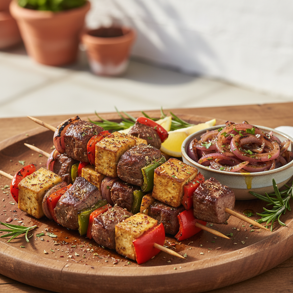 Mediterranean Beef and Tofu Skewers with Grilled Onion Relish