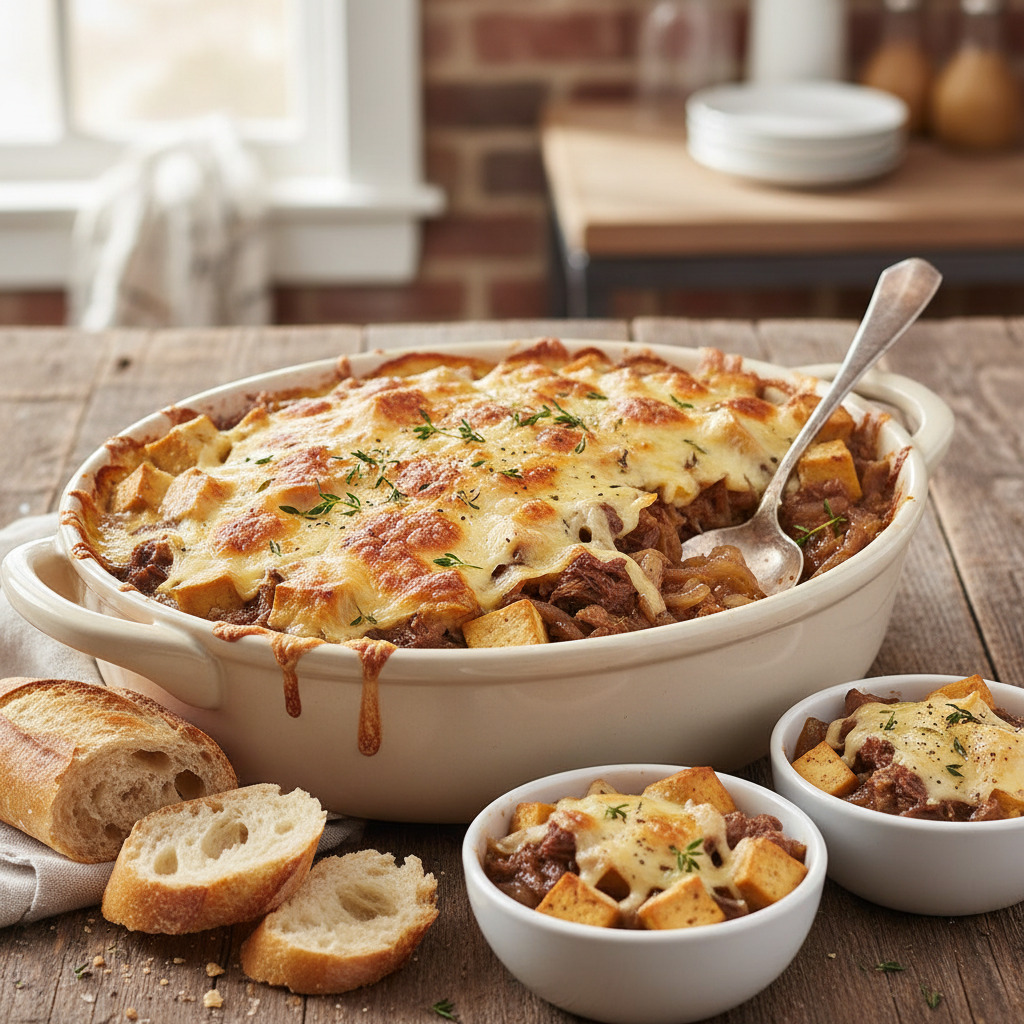 French Onion Beef and Tofu Gratin