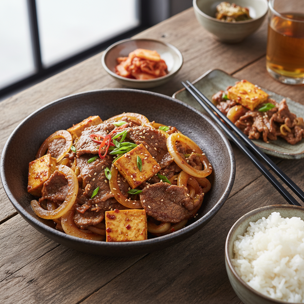 Korean Inspired Spicy Beef and Tofu Stir-Fry with Caramelized Onions