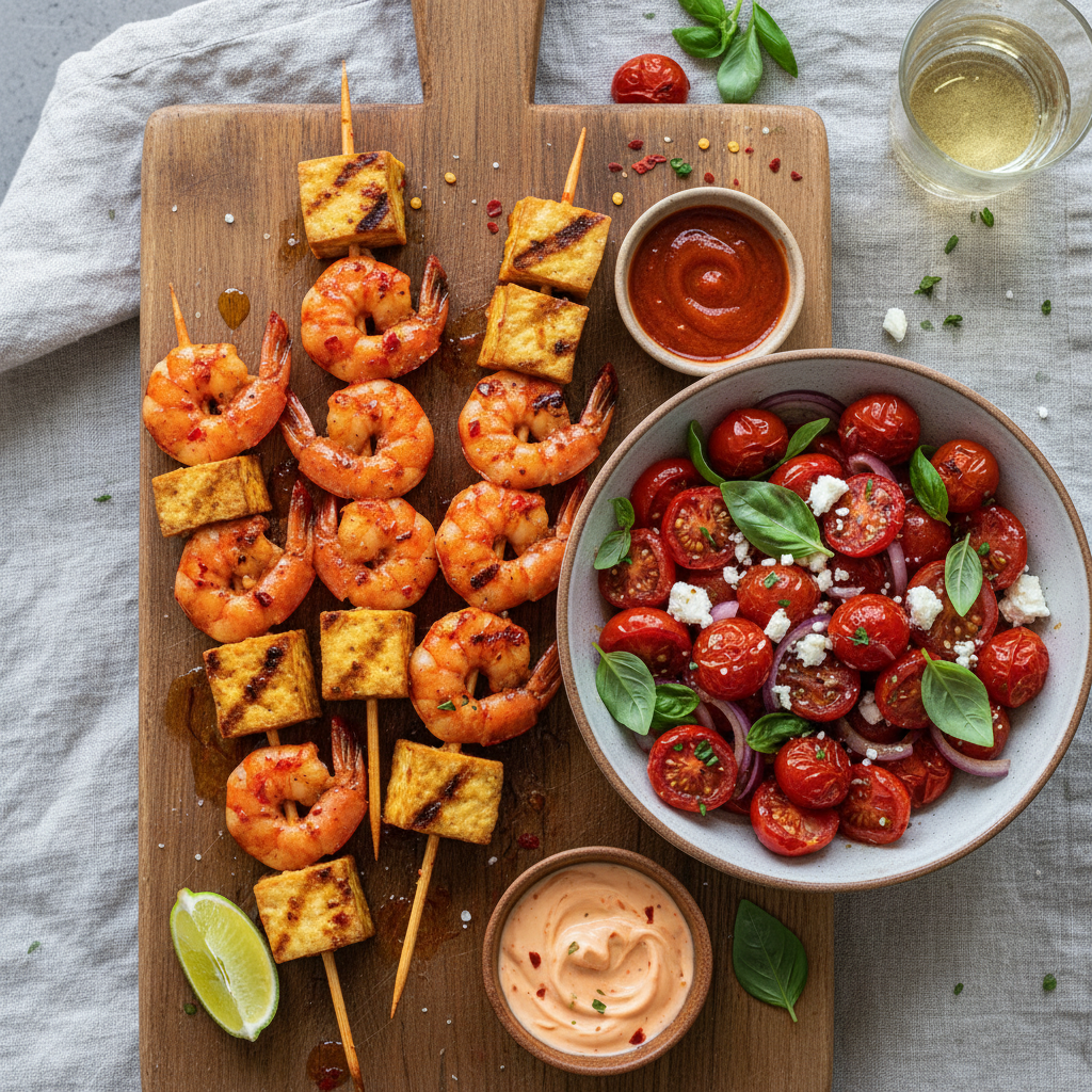 Spicy Shrimp and Tofu Skewers with Blistered Tomato Salad