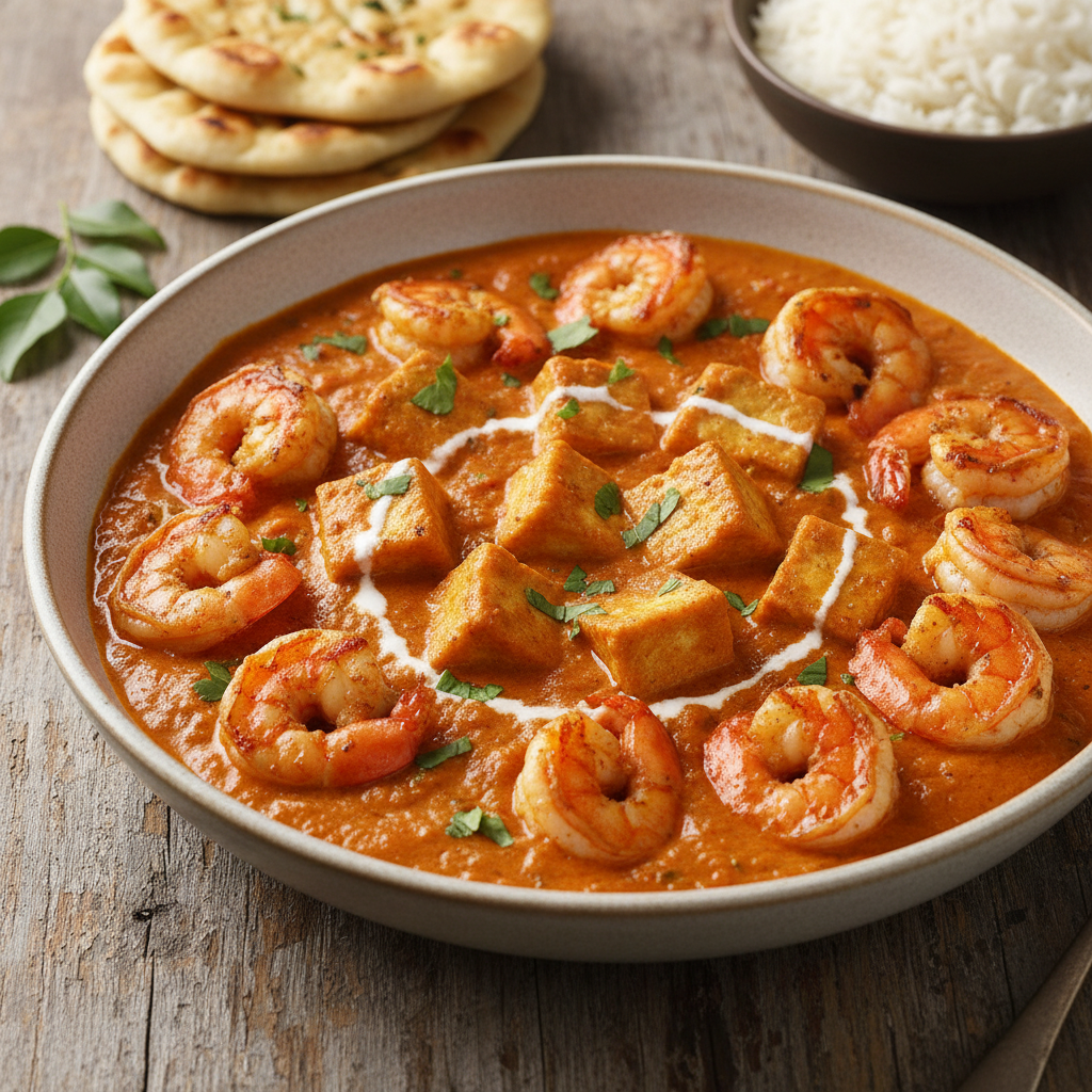 Creamy Tomato and Tofu Curry with Sautéed Shrimp