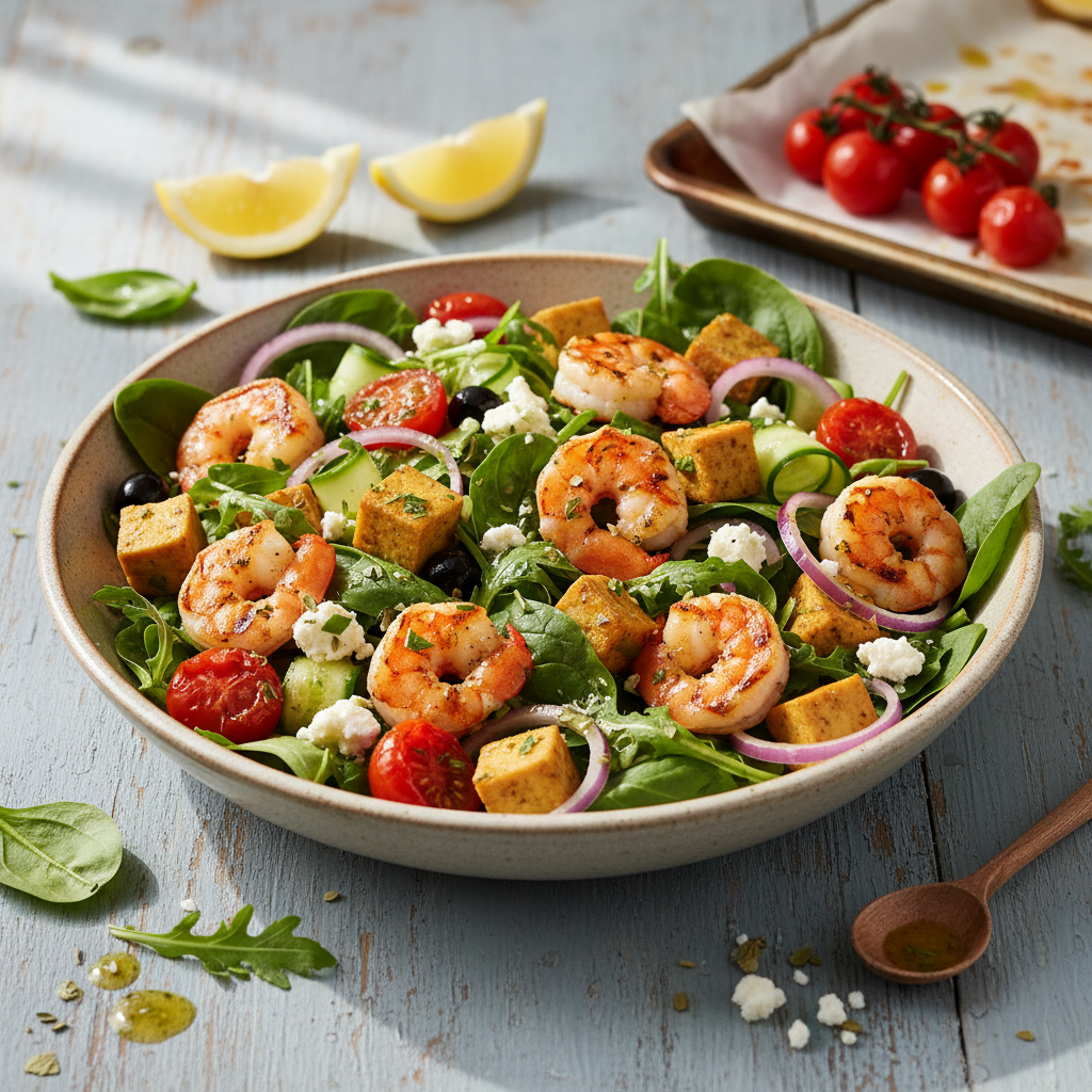 Mediterranean Shrimp and Tofu Salad with Roasted Tomatoes