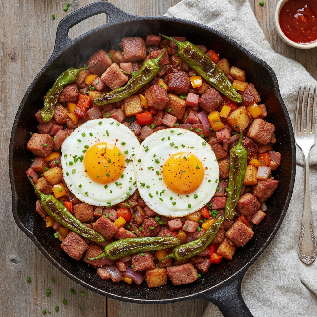 Smoked Pork and Ham Hash with Blistered Shishitos and Sunny-Side Up Egg