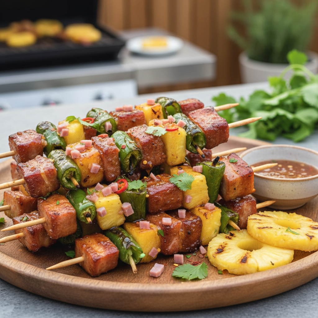 Spicy Smoked Pork and Shishito Skewers with Ham and Pineapple Glaze
