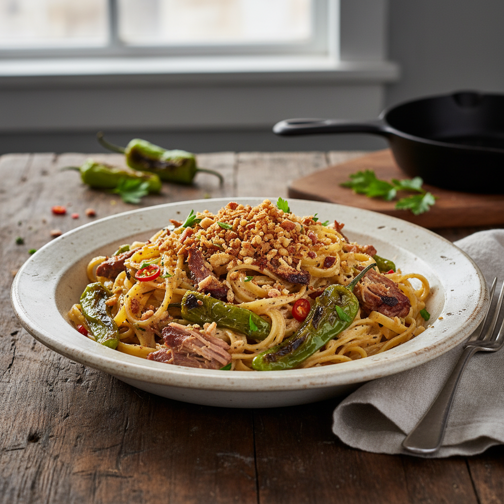 Creamy Smoked Pork and Shishito Pasta with Crispy Ham Crumbs