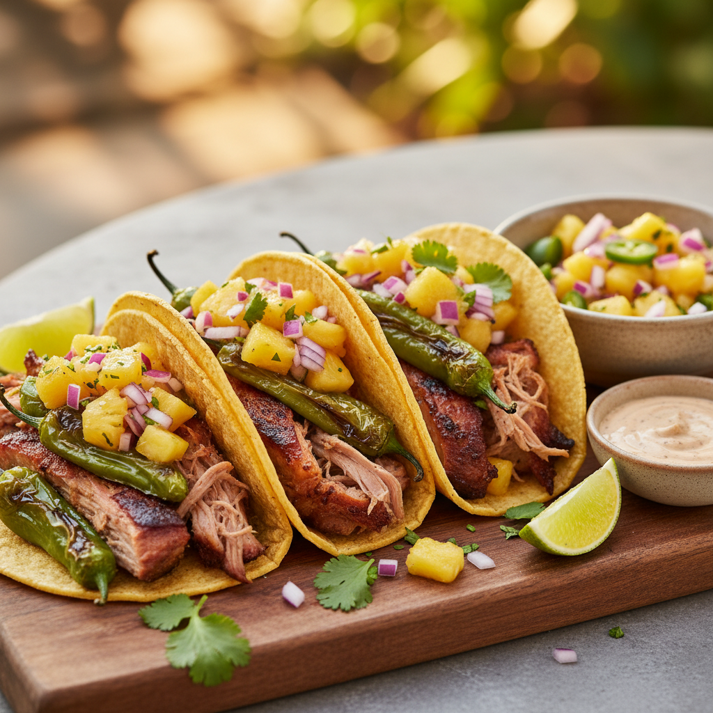 Smoked Pulled Pork and Shishito Pepper Tacos with Pineapple Salsa