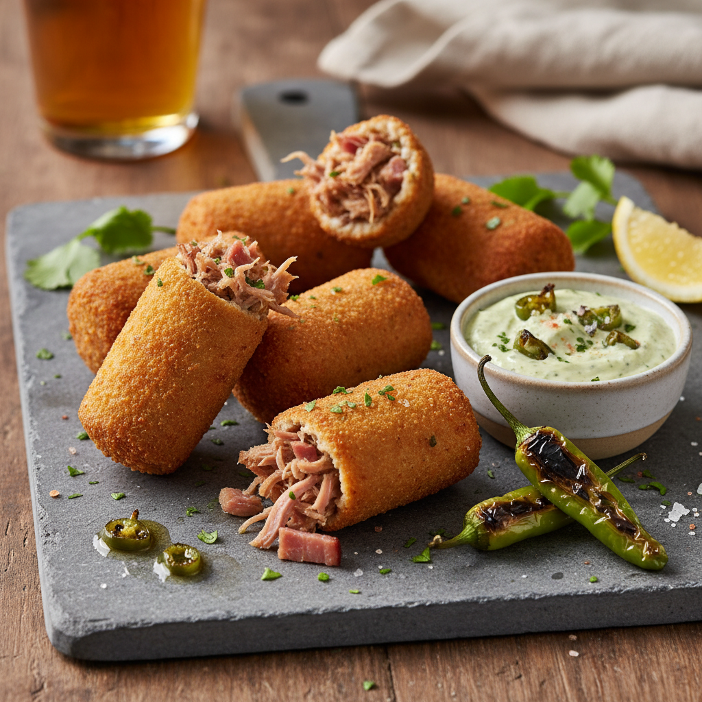 Savory Pulled Pork and Ham Croquettes with Blistered Shishito Aioli