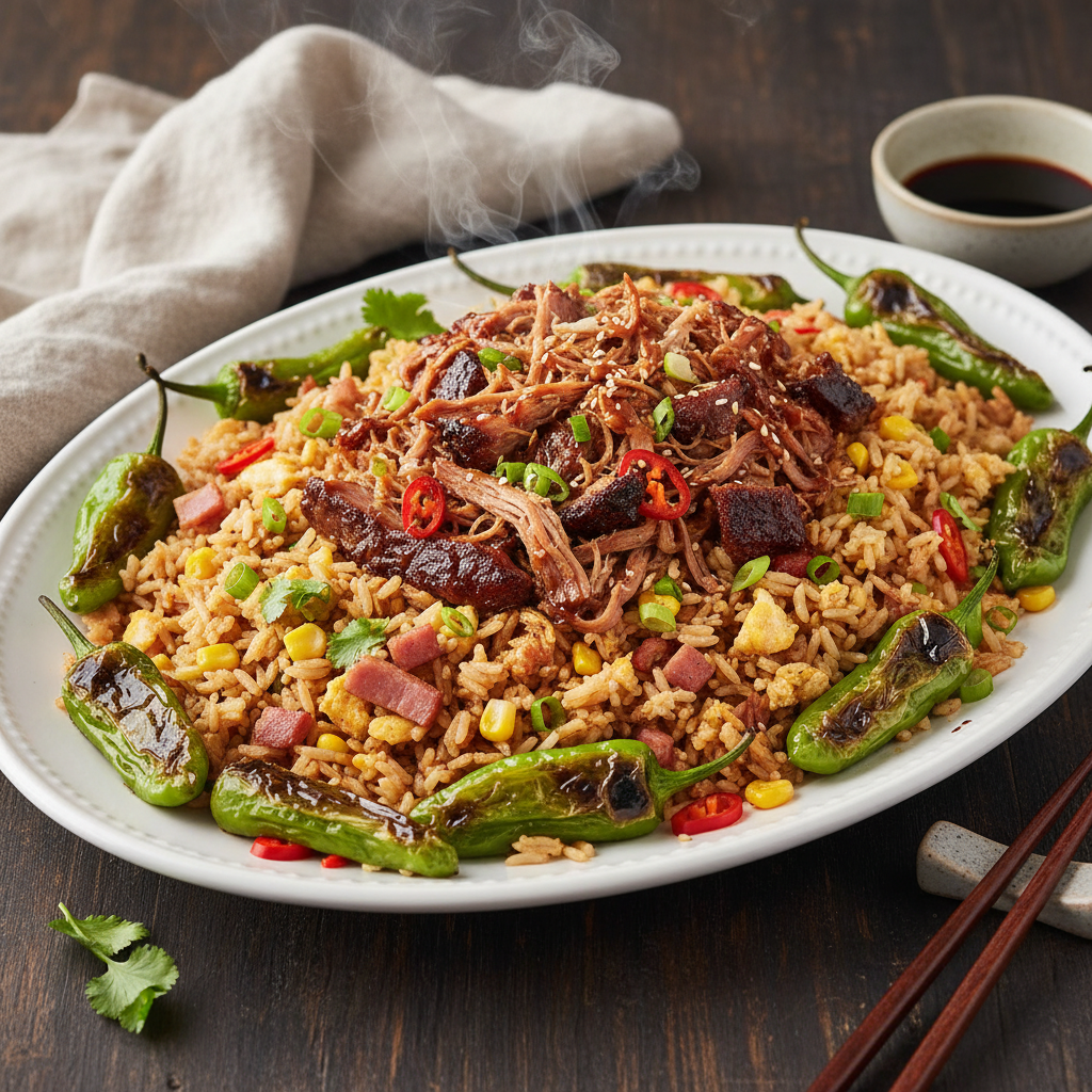 Smoked Pulled Pork and Ham Fried Rice with Blistered Shishitos