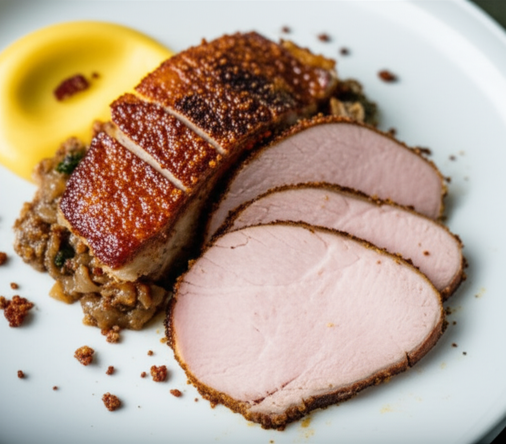 Roasted Pork Loin with Garlic-Onion Confit and Smoky Bacon Crumble