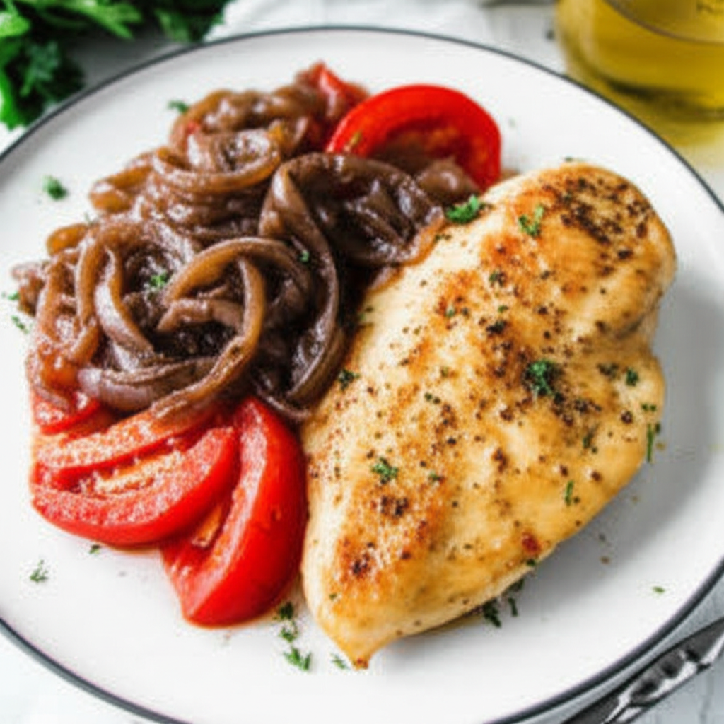 Pan Seared Chicken with Caramelized Onion and Tomato
