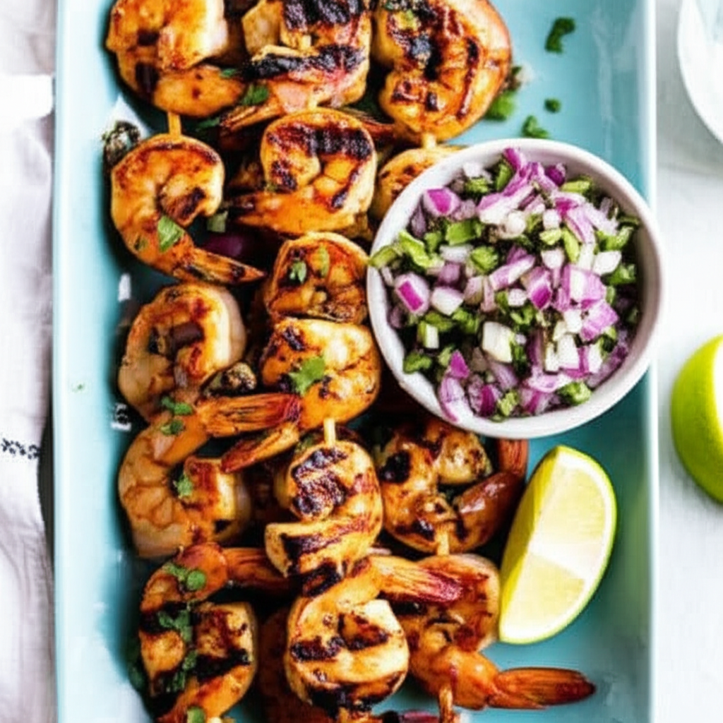 Grilled Chicken and Shrimp Skewers with Zesty Charred Onion Relish