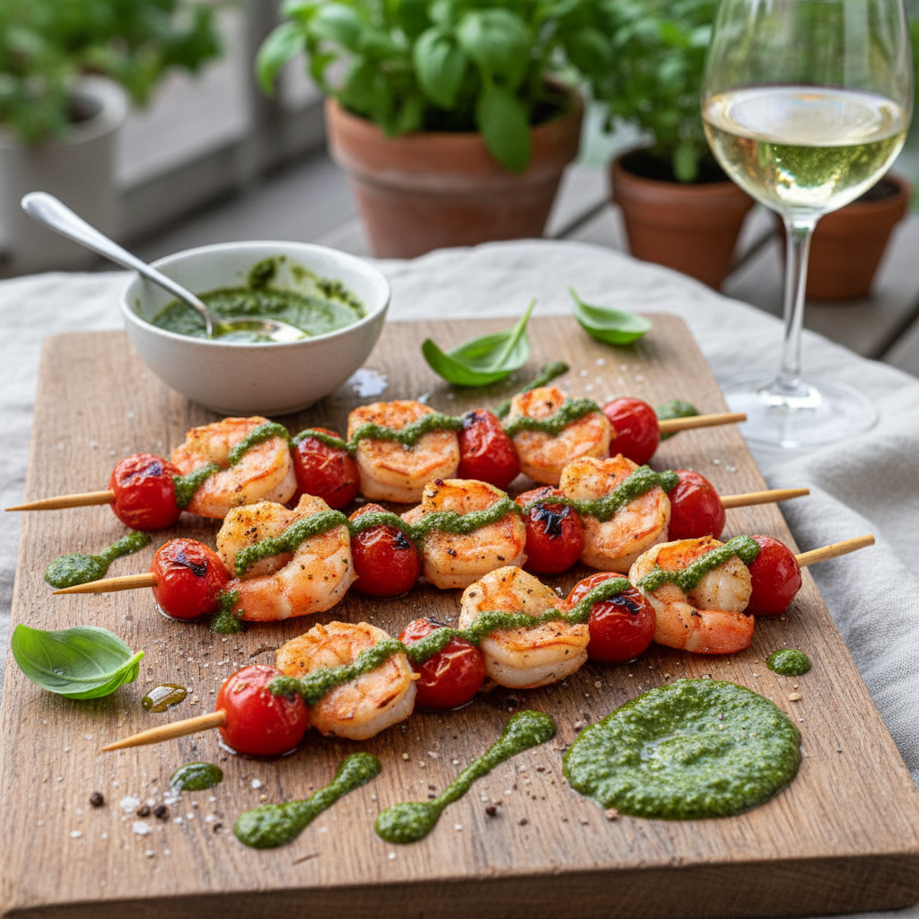 Grilled Shrimp and Tomato Skewers with Basil Pesto Drizzle