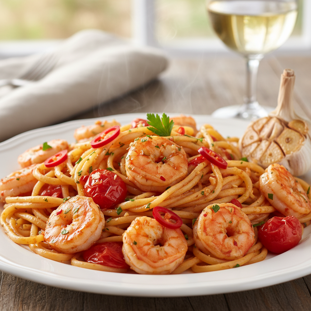 Spicy Garlic Shrimp with Burst Cherry Tomatoes and Linguine
