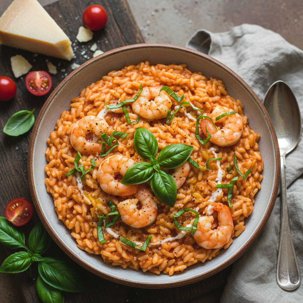 Creamy Tomato and Shrimp Risotto with Fresh Basil
