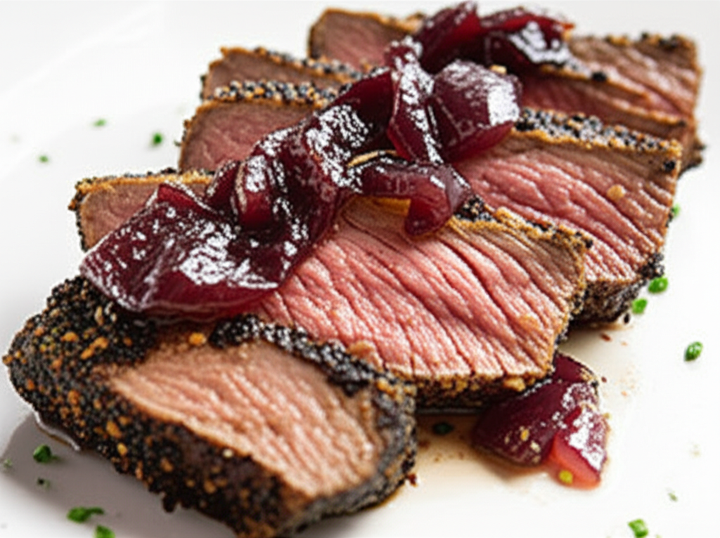 Seared Beef Medallions with Garlic-Pepper Crust and Onion Jam