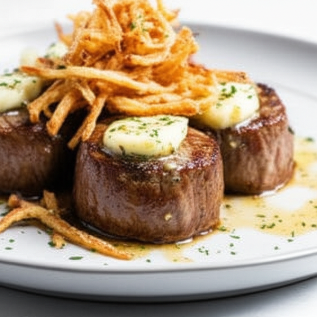 Pan-Seared Beef Medallions with Garlic Butter and Crispy Onion Frizzles