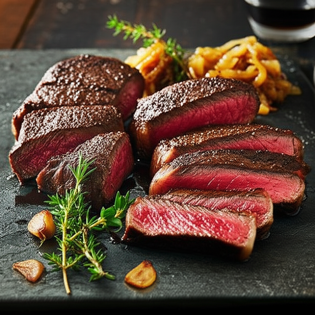 Pan-Seared Beef Steaks with Garlic-Infused Onion Confit