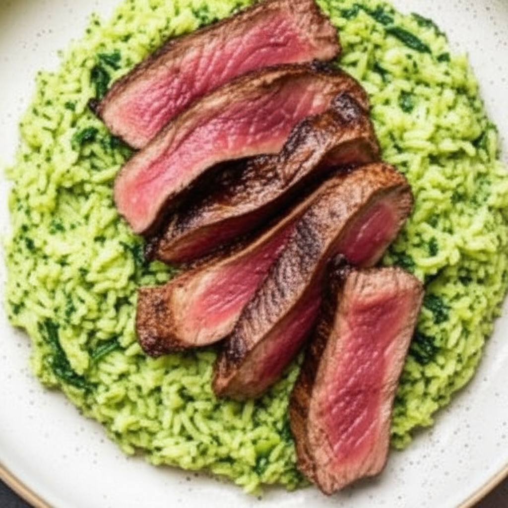 Seared Beef with Creamy Spinach Infused Rice