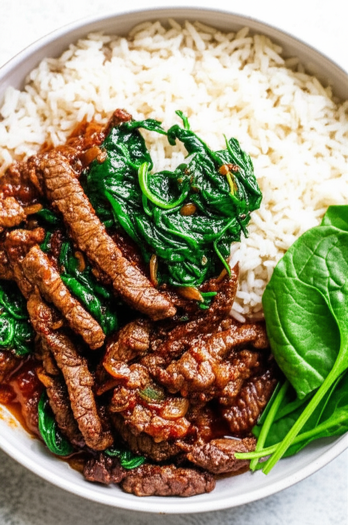 Spicy Beef and Spinach Sauté with Aromatic Rice