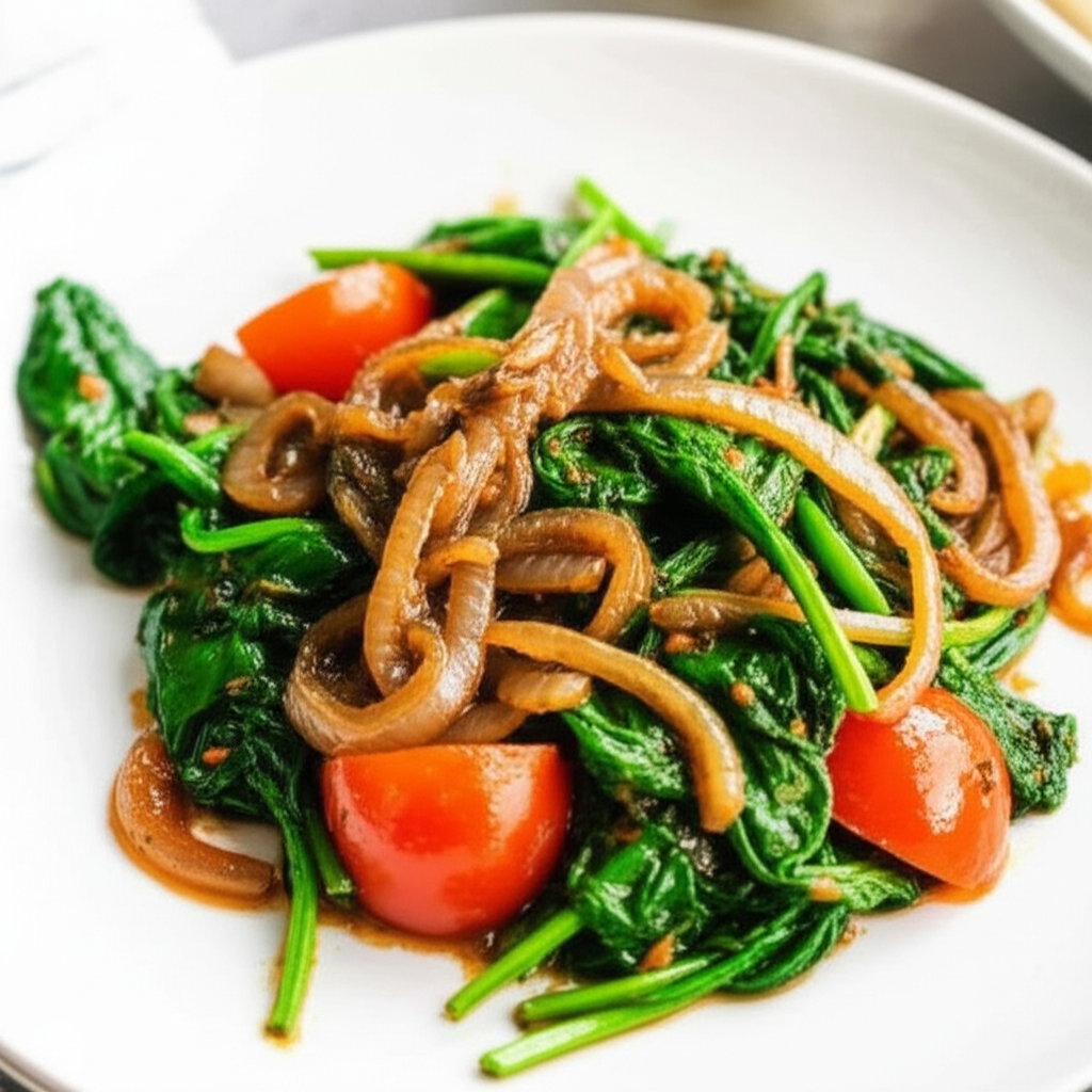 Spicy Sautéed Spinach and Tomato with Caramelized Onions