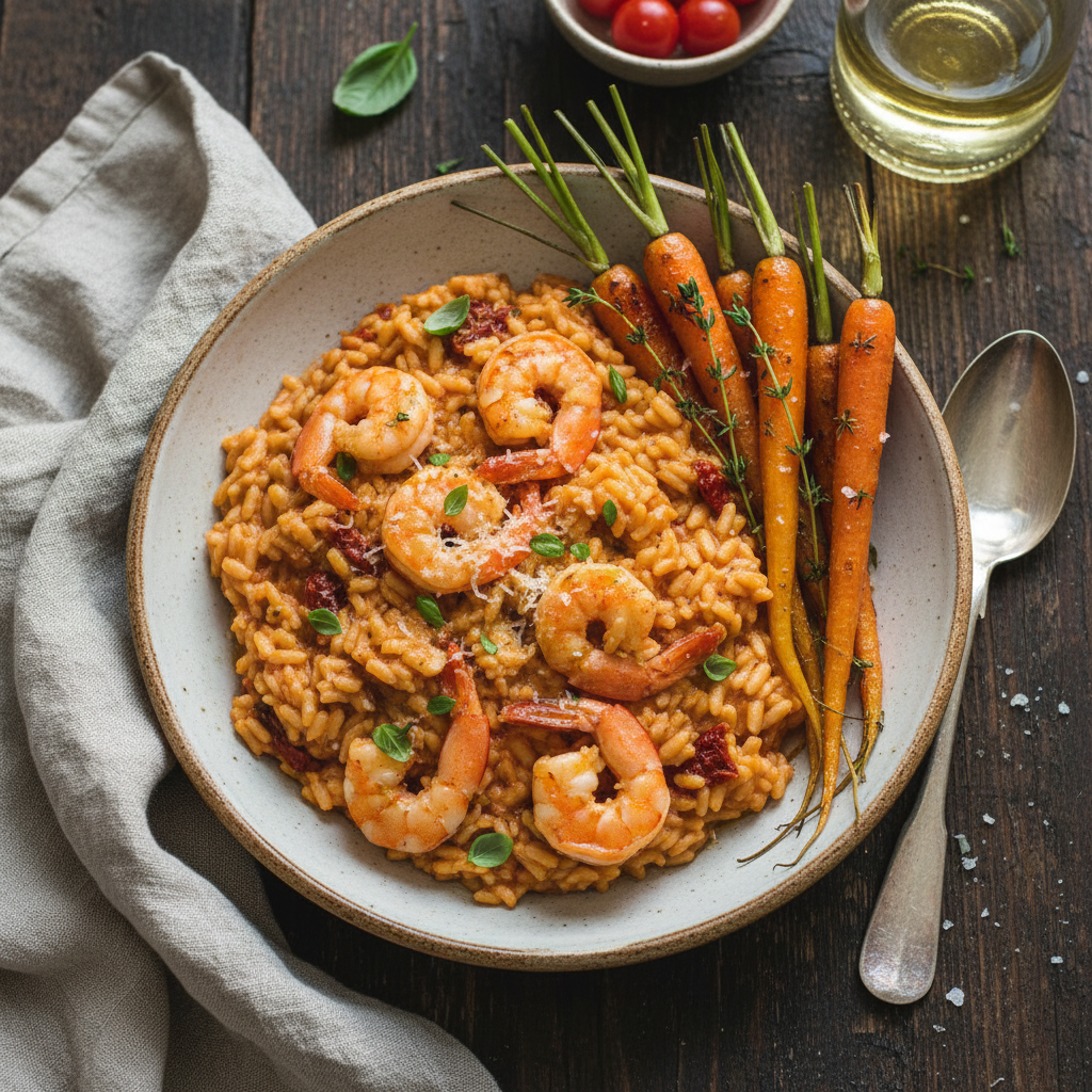 Creamy Tomato and Shrimp Risotto with Roasted Carrots