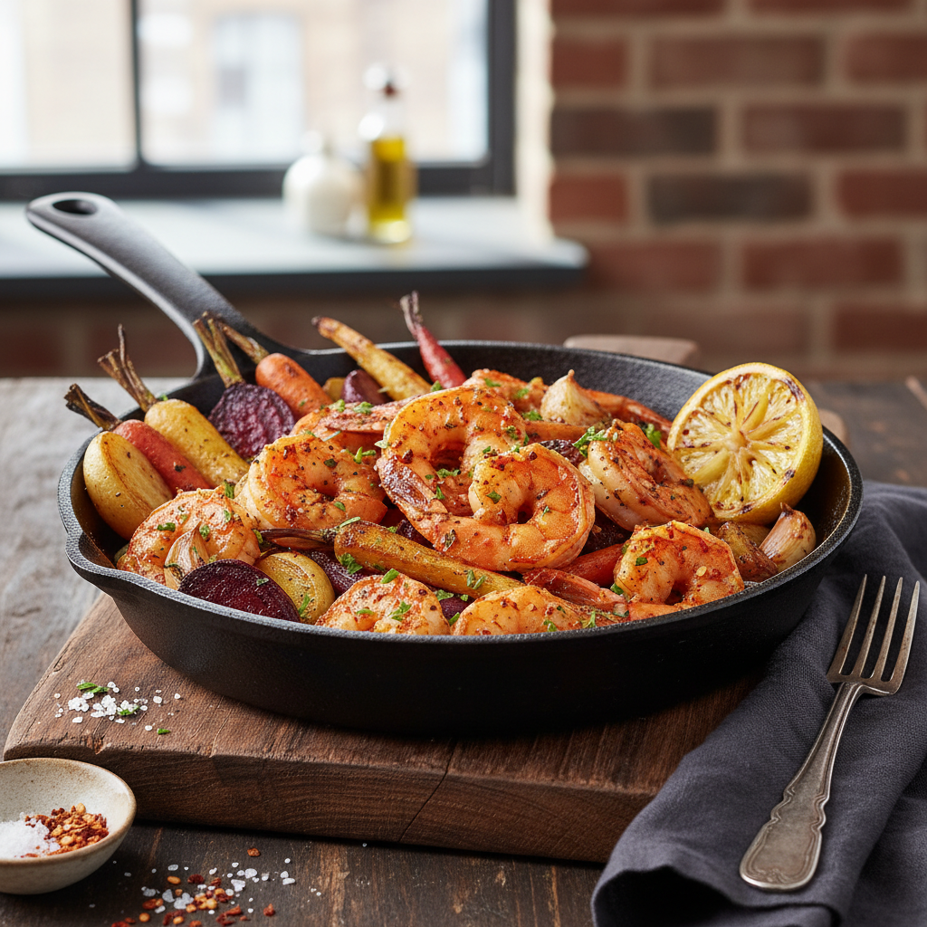 Spicy Garlic Shrimp with Roasted Root Vegetables