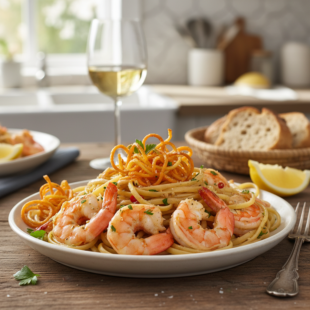 Shrimp Scampi with Crispy Potato and Carrot Ribbons