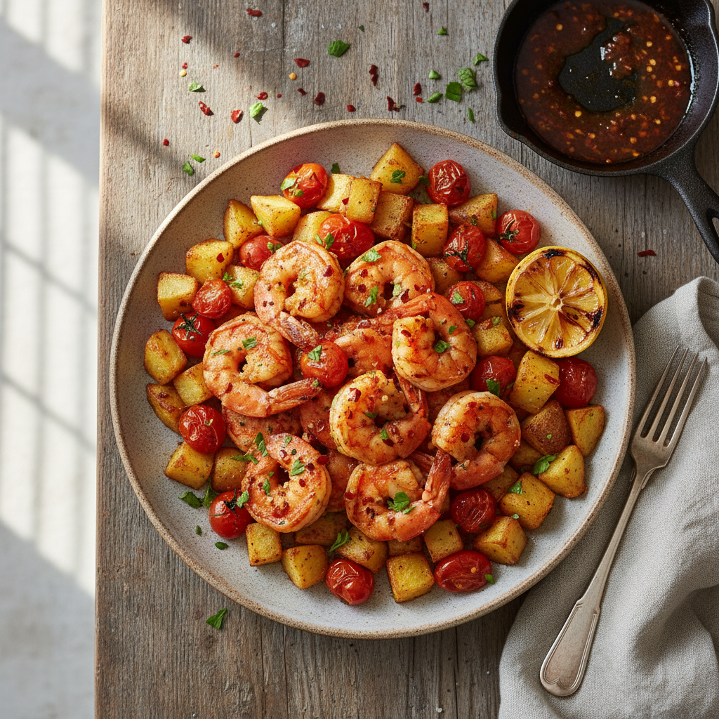 Spicy Garlic Shrimp with Roasted Tomato and Potato Hash