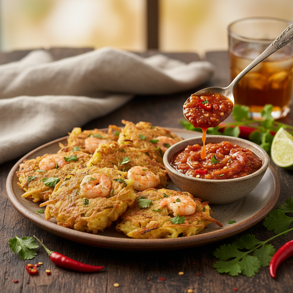 Shrimp and Potato Fritters with Spicy Tomato-Carrot Chutney