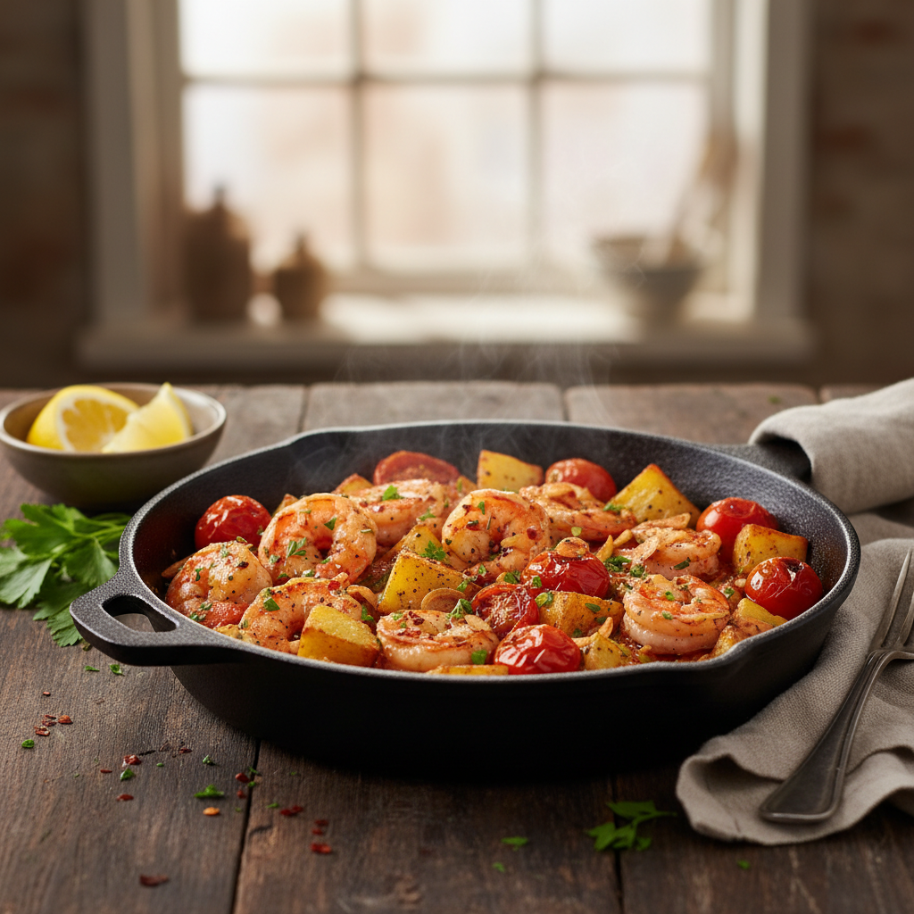 Spicy Garlic Shrimp with Roasted Tomato and Potato Medley